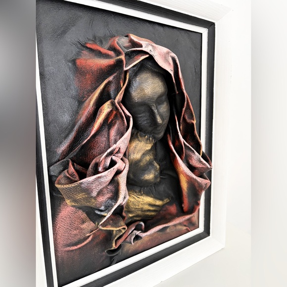 Vintage Framed Leather Madonna & Child Wall Art Sculptural Relief 18.25”x14.25” - Picture 4 of 5